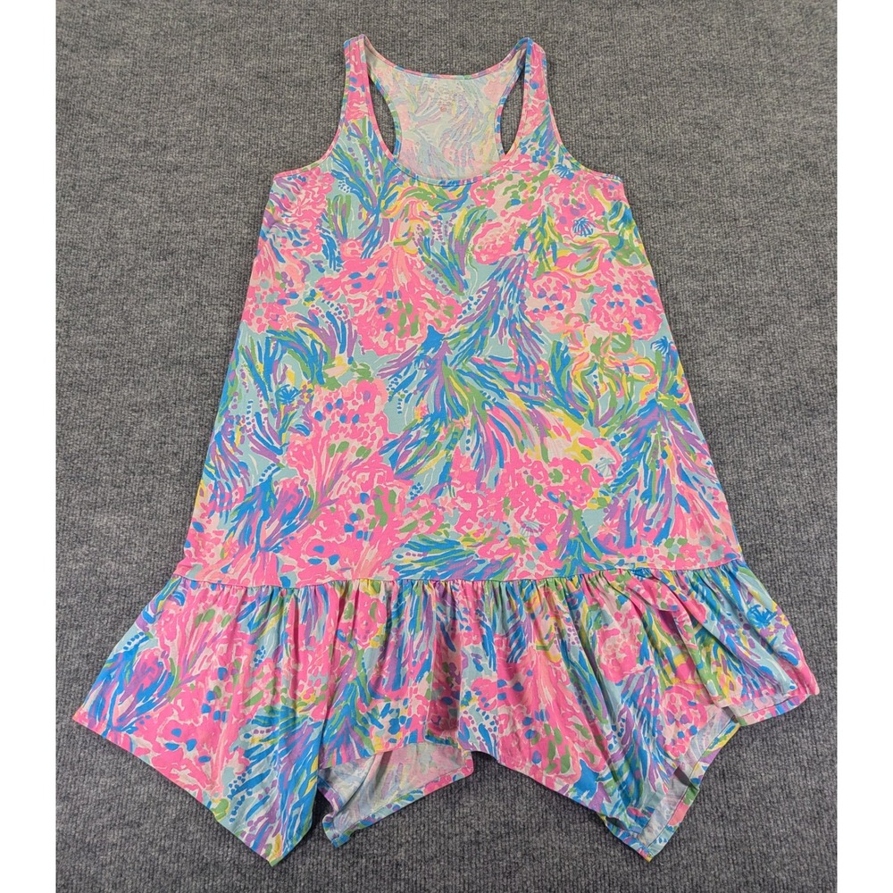 Lilly Pulitzer Pima Cotton Tank Dress Pink Blue Floral Ruffle Hem Small 24576